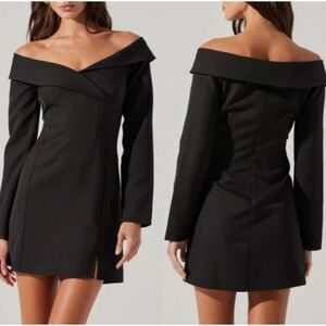 ASTR The Label Off Shoulder Tuxedo Collar Black Mini Dress Size Large